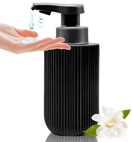 350ml Automatischer berührungsloser Seifenspender aus Schwarz Glas, Wiederaufladbarer, freihändiger Gerippter Flüssigseifenspender mit elektrischem Sensorpump, Nachfüllbare Seifenflasche für Bad