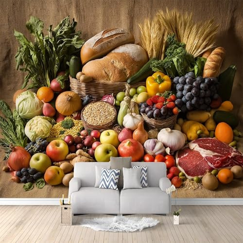 Tapete Lebensmittel Obst Gemüse Vliestapete Gelb Vlies moderne Design Optik Tapete 300 x 210 cm für Möbel Kinderzimmer Küche Schlafzimmer Wohnzimmer Wohnung Wohnzimmer