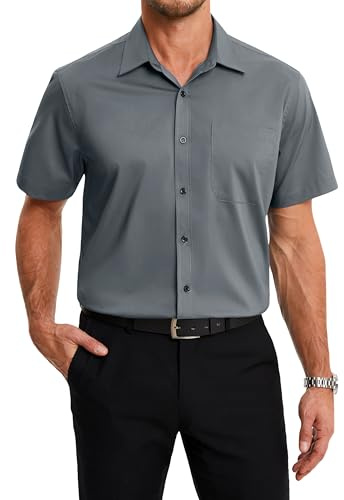 HISDERN Camisa Manga Corta Hombre Vestir Formal Verano Camisas Gris de Fibra de Bambú para Hombre Elegante Business con Botónes Regular Fit XL