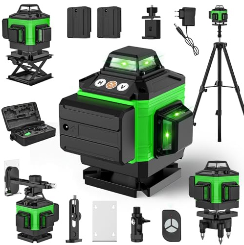 Kreuzlinienlaser 4 x 360°, Selbstnivellierende Vertikale Horizontale Laser-Wasserwaage, Grüne Wasserwaage mit Selbstnivellierungsfunktion, mit 2 * 2600 mAh Wiederaufladbaren Batterien (A +mit Stativ)