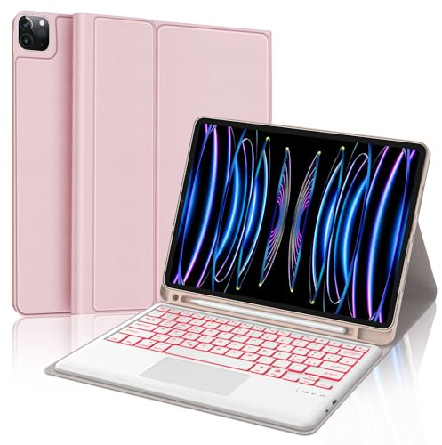 SENGBIRCH Funda con teclado para iPad Pro 12,9 6ª/5ª/4ª/3ª generación, diseño italiano, teclado inalámbrico desmontable Bluetooth retroiluminado de 7 colores con Trackpad, rosa