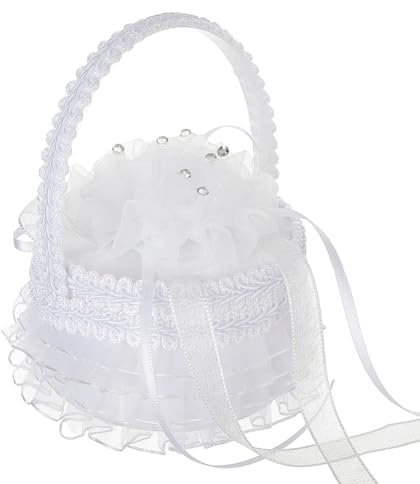 URFEDA Boîte à Anneaux Blanc, Coussin Alliance Mariage et Panier de Fille Fleur, Boîte à Bagues De Mariage, Boîte à Alliances avec Poignée Satin pour Cérémonie Mariage Fiançailles, 11x8,5 cm