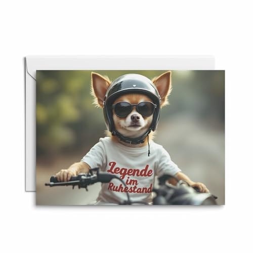 Kartenkaufrausch 1x humorvolle Ruhestandskarte: Motorrad fahrender Chihuahua – Legende im Ruhestand – Perfekte Glückwunsch Grusskarte plus Einleger zur Rente für Biker und Motorradliebhaber