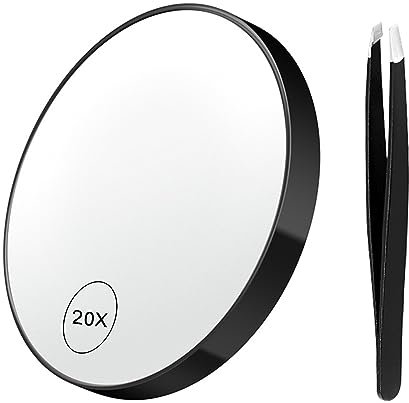 SHINROAD Kompakter Handspiegel, 20/10-fache Vergrößerung, Kosmetik-Set mit Saugnapf, Pinzette, rundes Make-up für Reisen, Hautunreinheiten, Überprüfung, Augenbrauenformung, Bart schwarz, 20-fach
