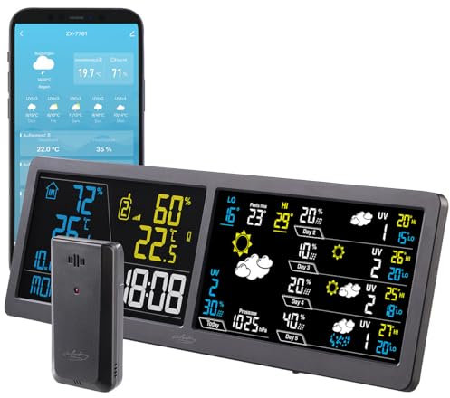 infactory Wanduhr: WLAN-Funk-Wetterstation mit Widescreen-VA-Display, Außensensor und App (WLAN-Farbwetterstationen, innen-Außensensor, Kalender)
