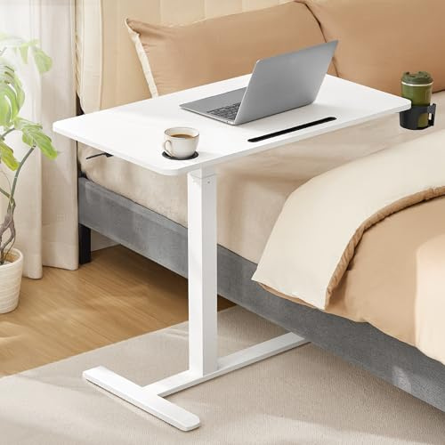 VASAGLE Scrivania con Ruote, Tavolino con Rotelle, Piano 80 x 45 cm, Regolabile in Altezza, 2 Portabicchieri, Slot per Cellulare o Tablet, Bianco Nuvola LSD601W01