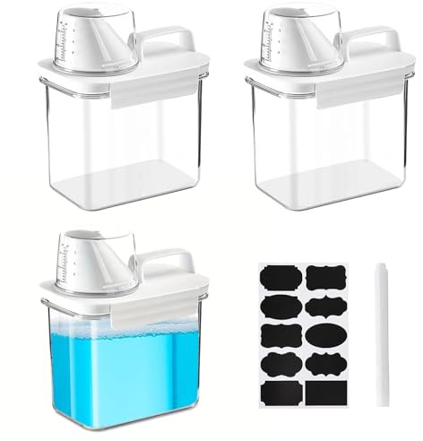 Luftdichter Waschmittelspender, 3 Stück 1100ML Waschmittel Aufbewahrungsbox mit Messbecher Und 8 Aufkleber, 1 Markierstift, Multifunktions Behälter für Waschpulver, Waschmittel, Getreide, Reis