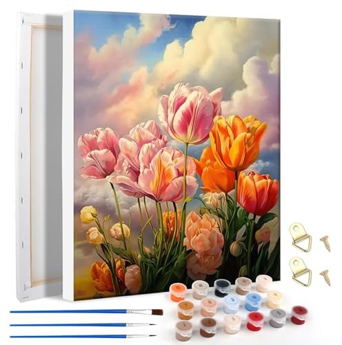 YARVPUV Pintar por Números Adultos 40x50 cm Pintar con Numeros Adultos Kit con Marco Incluido, Pinturas Acrílicas y Pinceles DIY Pintura por Números Tulipanes Regalo Ideal para Cumpleaños Navidad