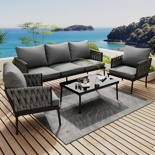 EINHOM Lounge Möbel Outdoor, Gartenmöbel Set mit Geflochtenen Seilhandläufen, 3er Sofa, 2 Sessel und Couchtisch, Glastischplatte, Verzinkter Stahl, Alle Sitz- und Rückenkissen Inklusive, Grau