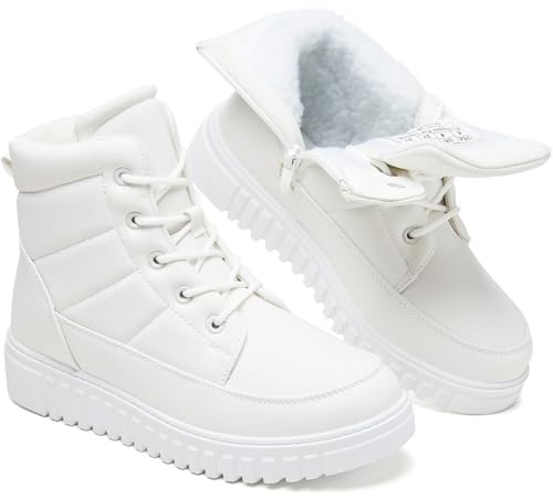 Shupua White Boots for Women Winter Ankle Boots Warm Combat Boot Waterproof Hiking Snow Booties with Zipper