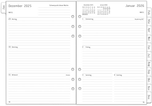 2026 Wochenplaner Einlage A5 6 Löcher, auf Deutsch, 1 Woche 2 Seiten mit Tabs, Extra Passwort Notizen Kontakt, von Januar.26 bis Dezember.26, 100 GSM, Nachfüllung für Kalender 2026 Planer Organizer