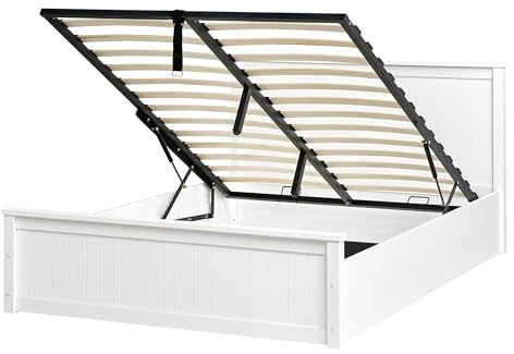 Beliani Holzbett weiß mit Bettkasten Lattenrost 140x200 cm hochklappbar Skandi Lambres