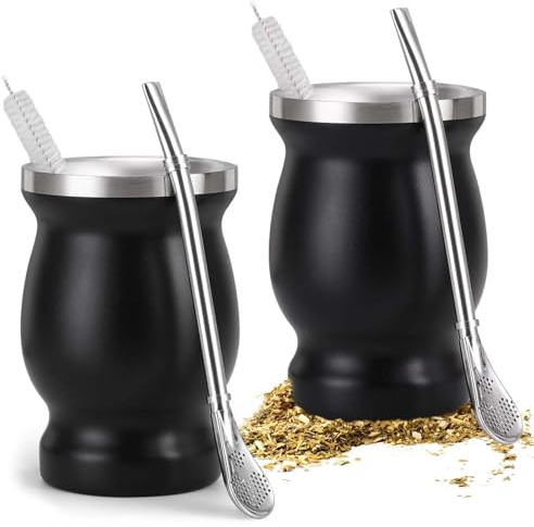 Juego de 2 tazas de té mate con cuchara y cepillo de limpieza, acero inoxidable, juego de tazas de té Yerba Mate Safe and Durable para cocina, cafetería, restaurante (negro)