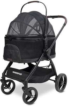 WonderFold Buddy Pet Stroller & Carrier - 2‑in‑1 with Dual‑Entry, Lightweight Frame, Breathable Carriage Fabrics and Canopy & All‑Terrain Wheels - Black