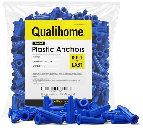 Qualihome Plastic Wall Conical Anchors – 1 Inch [500 Pack] | for Use in Concrete, Brick, Masonry, Hollow Walls, and Drywall – Expansion Anchors for Versatile Mounting