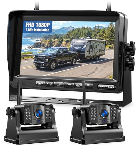 Magnetic Wireless Reversing Camera Kit, Dual Camera, 1 Min Installation, 9600mAh Rechargeable Camera, 7 HD 1080P Monitor & Support 4 Split Screen, Lower Consumption for RV Trailer Truck Camper