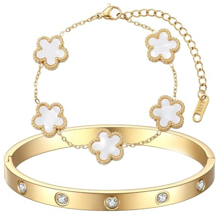 TENGWA 18k Vergoldet Schmuck 2 Stücke Schmuck Gold Wasserfest 17+5 cm Kleeblatt Armband Weißer Glücksklee Geschenk zum Geburtstag Jahrestag Valentinstag Muttertag Oder Neujahr