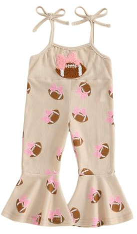 Socutebabe Football Toddler Girl Outfit Spaghetti Strap Bell-Bottom Pant Overalls One Piece Jumpsuit Romper Cute Fall Clothes (FOOTBALL-O-Khaki, 4-5 Years)