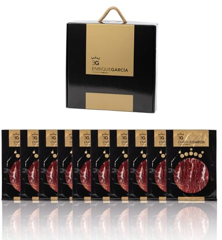 ENRIQUE GARCÍA - Jamón de Bellota 100% Ibérico, 10 Sobres Envasados al Vacío de 100 g Aprox. Acabado plástico. Caja regalo de cartón. Corte a máquina