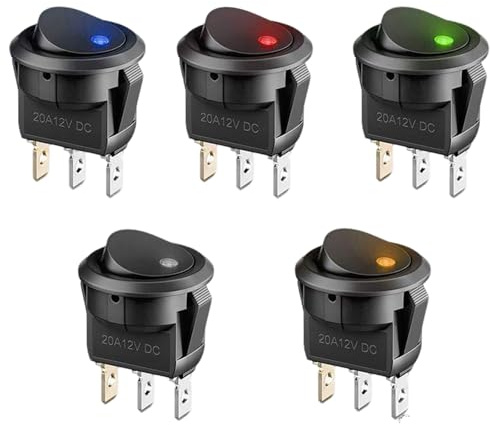 MejaRizon 5 Stück Wippschalter, 12v DC 20A Kippschalter, 12v Beleuchtet Rund mit 5 LED Farbe KFZ Einrastbare, EIN/AUS SPST kippschalter für Auto, Boot, Haushaltsgeräte