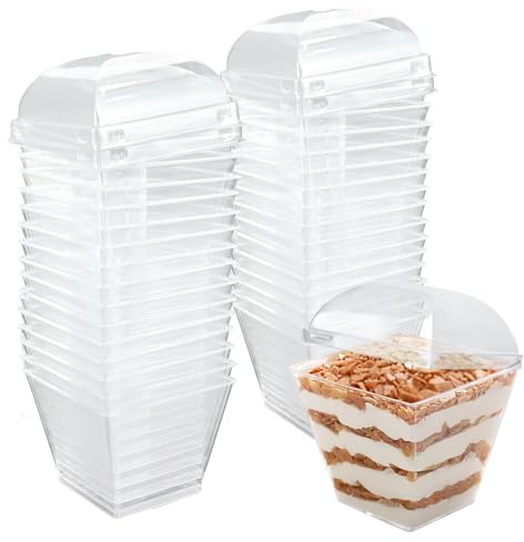 YancLife 50 Pcs Dessert Cups with Lids, 5OZ/160ml Plastic Reusable Trapezoid Dessert Pots, Clear Small Cup Reusable Serving Dessert Bowl for Mini Cheesecake Jelly Dessert Pudding Mousse Party