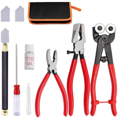 Ujjdwiurgh Kit di utensili da taglio per vetro, pinze per piastrelle di vetro con ruote, pinze per rottura, pinze per frantumazione, set di tagliavetro ad olio