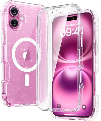 Diaclara Magnetic for iPhone 16 Case, Compatible with MagSafe Built-in Shockproof Protective Protector, Upgraded [Full Camera Protection] Phone Flip Case for iPhone 16 6.1 (Clear Glitter)