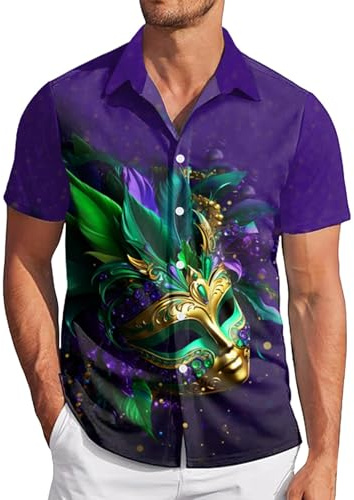 Karnevalshemd Köln Herren Kurzarm 3D Maske Druck Herrenhemd mit Knöpfen Und Kragen Mardi Gras Shirts Revers Hemden Männer Slim Fit Faschingshemd Disco 80er Jahre Faschingskostüme Tunika Tops