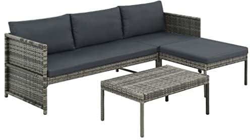 Tonture 3-TLG. Garten-Lounge-Set, Poly Rattan Grau, Dunkelgraue Kissen, 180x58x58 cm Dreisitzer Sofa, Wetterfest für Terrasse & Garten, Outdoor Möbel Sets