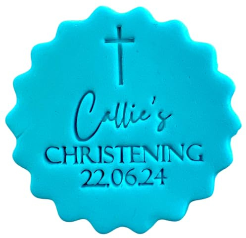 Personalised Cookie Stamp with Free Scallop Cutter, Baptism Christening Communion, 5cm Acrylic Biscuit Embosser, Food-Safe Plastic Baking Tool, Fits M&S All Butter Biscuits (Design 1)
