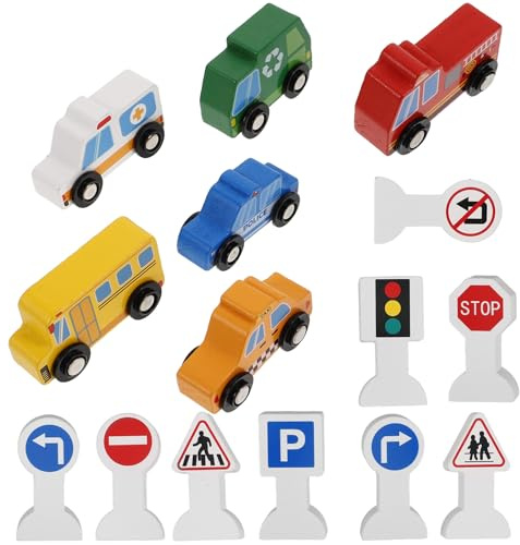 Veemoon Ensemble de Jouets Voiture en Bois pour Garçon et Filles 9 Panneaux de Signalisation, Véhicule de Construction Éducatif en Bois, Jeu Cognitif de Circulation Routière