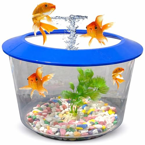 Pet Guru Premium Crystal Clear Fish Bowl Aquarium with Lid, Decorative Gravel and Plant Included, Durable Plastic, Perfect for Goldfish (Blue)