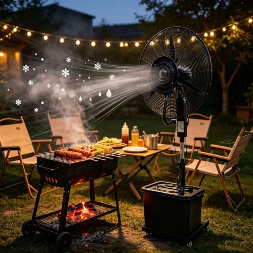Ventilador Refrigerador Nebulizador con Agua, Depósito 42L, 3 Velocidades, Altura Ajustable 160-200cm, Oscilación 90°, Ruedas 360°, Ventilador de Pie Industrial para Hogar, Jardín y Oficina(⌀81cm)