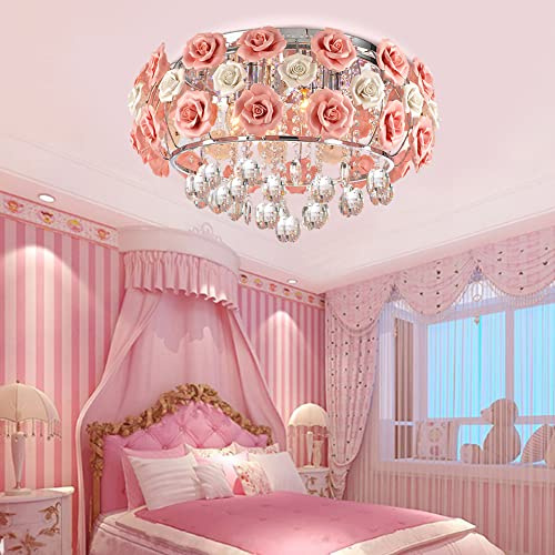 LUOLAX Romantic Ceramic Rose Flower Chandelier Modern Crystal Pendant Lamp Flush Mount Hanging Ceiling Light Fixture for Girl Bedroom Living Dining Room Restaurant Decoration, Pink(Dia 19.68Inch)