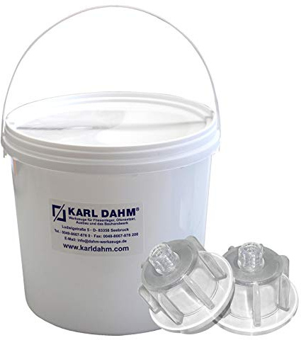 Karl Dahm Zughauben Set transparent für Fliesenstärke 3-12 mm, 50 Stück + Eimer – Geeignet für Levelmac Fliesen-Nivelliersystem I Fliesen-Legen mit professioneller Fliesen Verlegehilfe I 12508