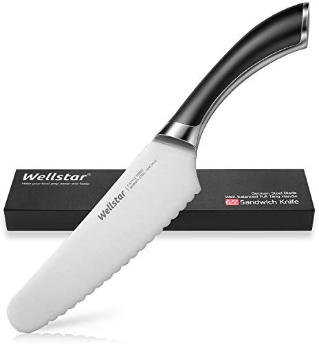 WELLSTAR 6.5 Inch German Stainless Steel Serrated Utility Knife - Bread, Vegetable & Meat Cutting - Butter Spreader - Razor Sharp Full Tang Handle Multipurpose Kitchen Knife