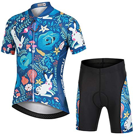 LPATTERN Kinder Radsport Bekleidung- Jungen/Mädchen Fahrrad Trikot-Set(Trikot Kurzarm+Kurz Radhose)/Radtrikot Kurzarm/Kurz Fahrradhose mit Sitzpolster,Hase in Forst(Anzug),110/116(Tag:S)
