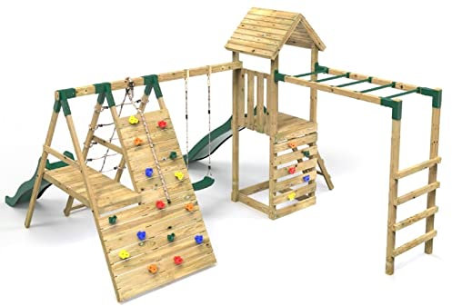 Rebo® Children's Wooden Climbing Frame with Swings, 2 Slides, Up and Over Climbing wall and Monkey Bars - Brecon | OutdoorToys | Pressure Treated Timber