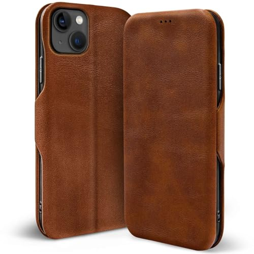 Verco Handyhülle für iPhone 13 Mini, Bookstyle Premium Handy Flip Cover für Apple iPhone 13 Mini Hülle [integr. Magnet] Book Case Tasche, Braun
