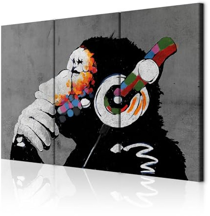 decomonkey Akustikbild Premium Banksy Dj Affe 120x80 cm 3 Teilig Kunst Akustikpaneele Akustikdämmung Schallschlucker Schallabsorber Schalldämmung Akustikplatten bunt Street Art Tiere