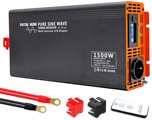 DATOUBOSS Inversor 24v 220v 230v Onda Pura 1500W/3000W, Transformador 24v a 220v Camion con 1 Puertos de USB y 1 Puertos de Type-c y 1 Toma de AC para para Coche RV Cámping