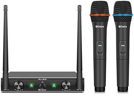 D Debra Audio AU200 Pro UHF Sistema de micrófono inalámbrico de 2 Canales con micrófonos de Diadema de Solapa de Mano inalámbricos, Ideal para Karaoke Fiesta en la Iglesia (Negro, 2 de Mano)