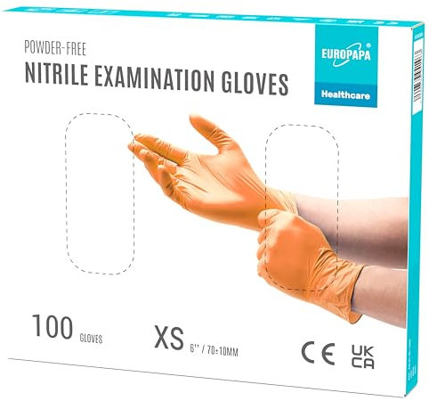 EUROPAPA® 100x Nitrilhandschuhe Einweghandschuhe Einmalhandschuhe Untersuchungshandschuhe Nitril Handschuhe puderfrei ohne Latex unsteril latexfrei disposible gloves (XS, Orange)