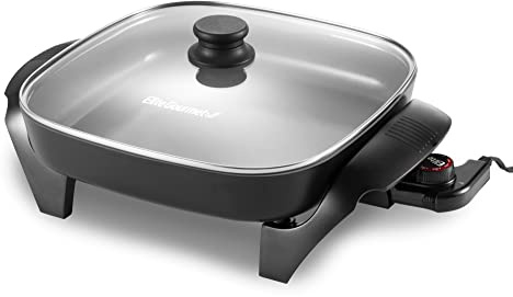 Elite Gourmet 12x12x2.15” Ceralast™ PFAS Free Ceramic Electric Skillet, Dishwasher Safe, Rapid Heat Up, 1200W, Dark Grey