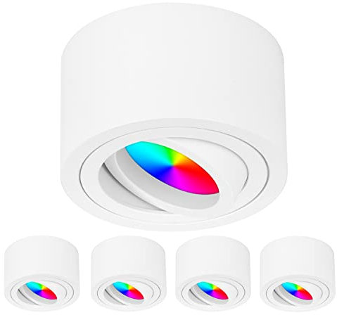 TEVEA LED Flach Aufbauspot Smart Deckenleuchte | 5W 230V RGBW Dimmbar | LED Modul austauschbar | Aufbauleuchte Farblicht Partyleuchte | 5er Pack (Weiß)