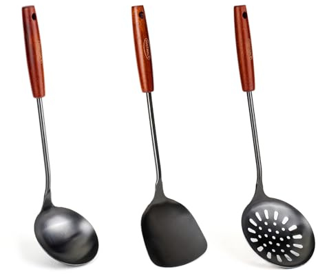 FJNATINH Wok Spatula and Ladle,Skimmer Ladle Tool Set, 17inches Spatula for Wok, 304 Stainless Steel Wok Spatula,Black