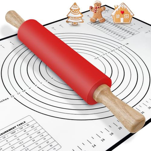 Rodillo Cocina de Silicona - 43cm Juego de Rodillo Amasar con Tapetes para Hornear - Rodillo de Pastelería Antiadherente de Acero Inoxidable - Rolling Pin con Asas de Madera para Masa de Pasta,Pizza