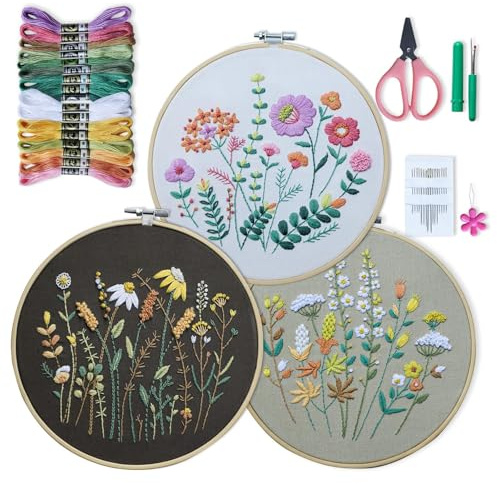 QUANMAITONG Sticken Set Erwachsene,Blumenmuster Pflanzen Stickset für Anfänger Embroidery Kit Stickerei Set, Stick And Poke Set Stickbilder Erwachsene Stickrahmen Holz DIY Kreuzstich