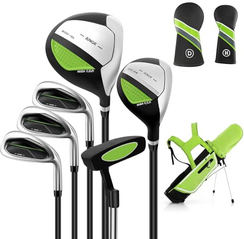 COSTWAY Set di Mazze da Golf per Bambini con Sacca, Fodera Impermeabile, Driver 1, Ibrido 5, Ferro 7, Ferro 9, Ferro S e Putter, Set Allenamento Golf per 11-13 Anni, Destrorso (Verde)