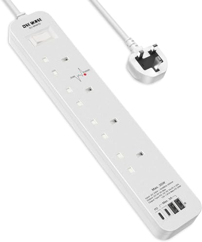 SE UKASE Extension Lead with USB C PD 20W, 4 Way Socket 1200 Surge Protection with 2M /6.56FT Long Extension Cord Multi Plug 2990W Safety Shutter for TV PC Laptops Tablets